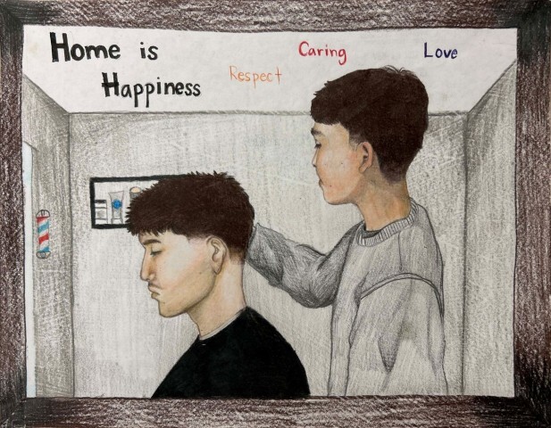 What Home Means to Me Cover 2026. A drawing of two people in a barbershop, one cutting the other's hair. 