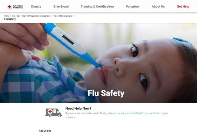 Red Cross website with a sick child and the text, flu safety. 