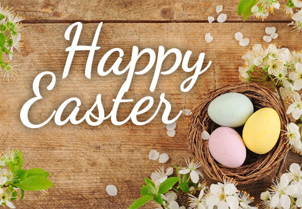 Happy Easter banner with nest of colored eggs