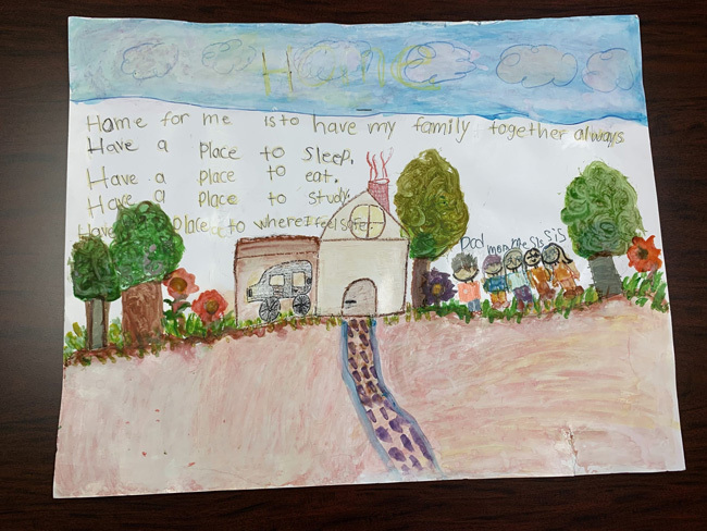 September What Home Means to Me 2022 Winner, Artwork of a family standing outside of their home.