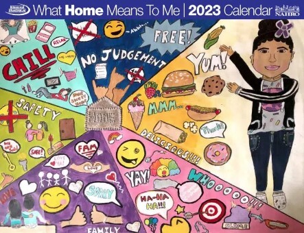 2023 What Home Means to Me Calendar Cover drawing shows a girl pointing to all the things that mean home to her. 