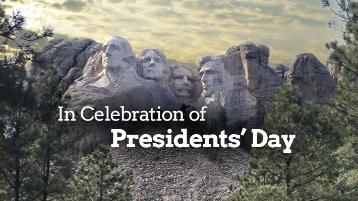 In celebration of Presidents' Day. Mount Rushmore rises into the sky in the distance. 
