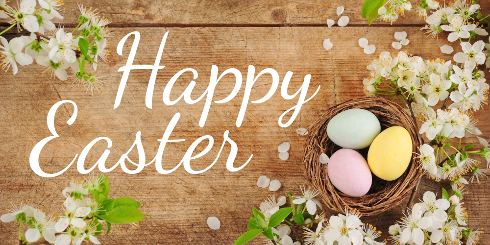 Happy Easter! Colorful eggs are in a nest that is sitting on a wooden table that is covered in flower petals.
